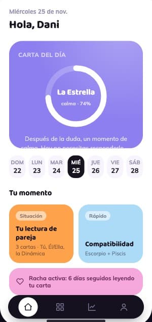 Pantalla 'Tu carta de hoy' de Amor & Tarot: La Estrella en el aro medidor de calma